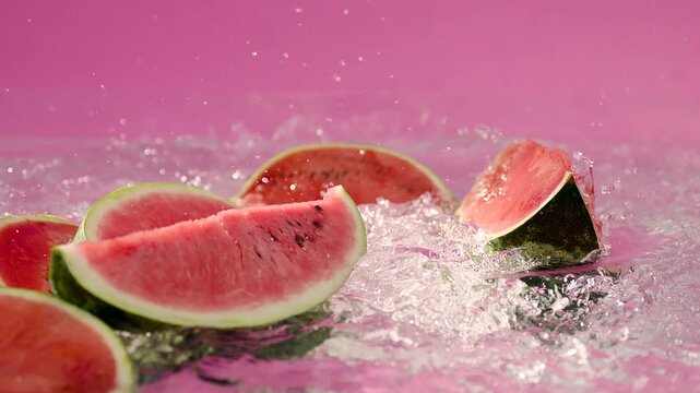Many pieces of sliced watermelons falling , dropping on water in pink background . Slices of watermellon fall on the floor . Water splashing . Slow motion . Fresh and healthy food . Beautiful scene  