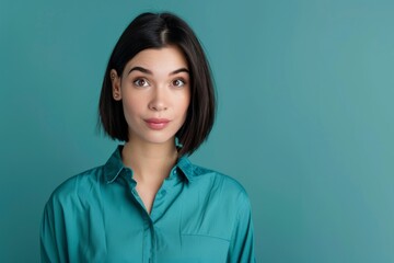 Fototapeta premium positive woman wearing green shirt, empty space isolated on blue background