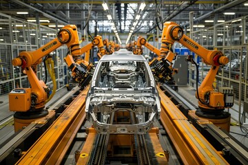 A robot at a car factory welds a car frame. Robotic assembly line in an automotive factory