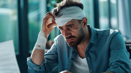 Man with a broken arm and a bandaged head suffering from an unfortunate accident, working with insurance documents in the office, showcasing