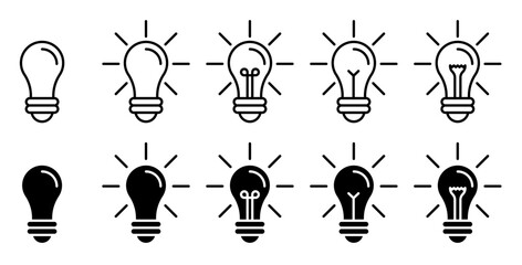 light bulb, idea, lamp outline icon vector set. Lightbulb icon set. glowing light bulb symbol.