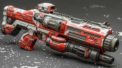 Fototapeta premium A high-tech, futuristic blaster gun with red and metallic details on a gray background.