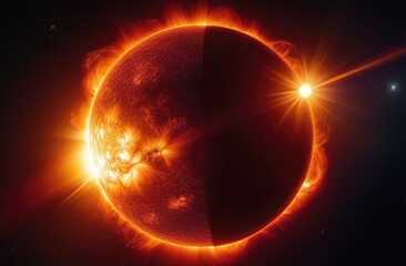 Obraz premium Solar flare, ray, energy, space, storm, astronomy star, bright, electricity, heat, interference.