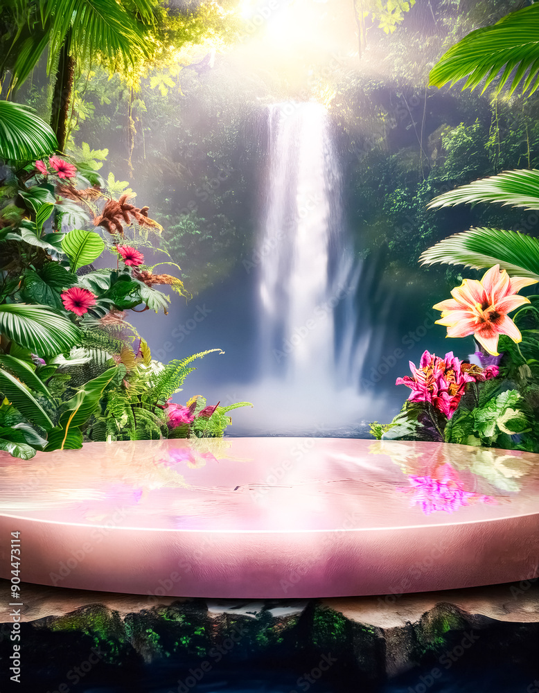 Canvas Prints Tropical Waterfall with Pink Podium