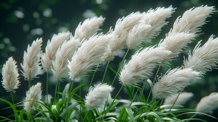 Close-up of white fluffy pampas grass blooms swaying gently in the wind with a lush green background.