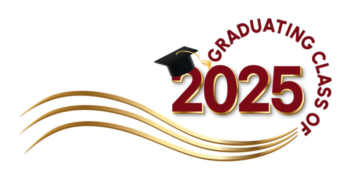 White background - Graduating Class of 2025 in crimson red text in circle around the year. 2025 is in dark red text. A Graduation cap with gold tassel on top of the year. Wavy golden lines accent.