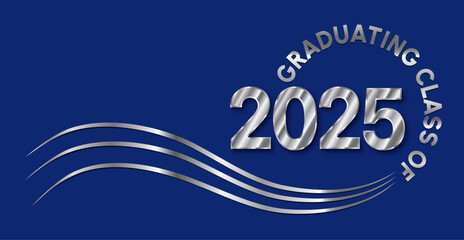 Graduation announcement for the class of 2025, featuring a blue background with metallic silver text and wave design elements.