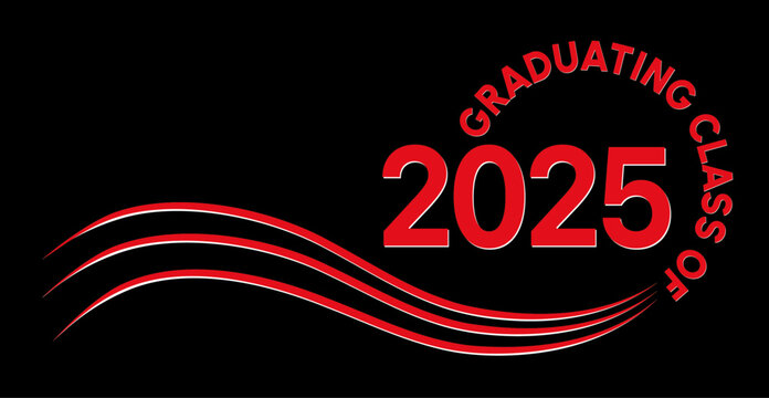 A graduation announcement for the class of 2025 featuring a black background with bold red text and wave design elements. Ideal for graduation ceremonies, celebrations, and invitations