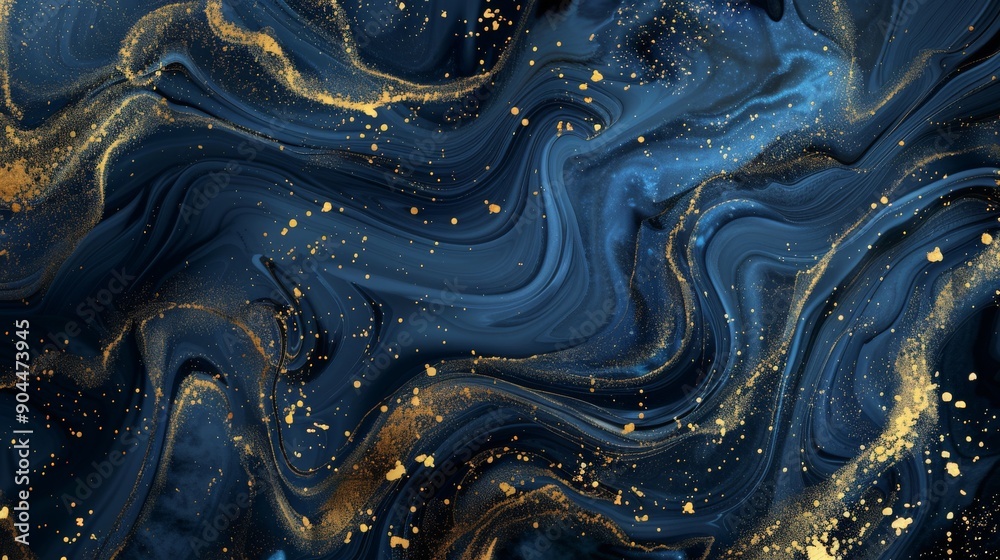 Poster this image depicts an elegant navy and gold fluid art piece, blending swirls and splashes to create 