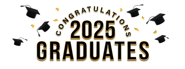 White Background - black and gold festive graduation announcement for the class of 2025 featuring Congratulations text, graduation caps, and confetti. Ideal for celebrating graduates, and invitations.