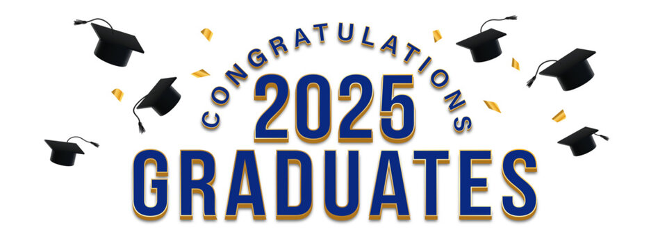 White Background - blue and gold graduation announcement for the class of 2025 featuring Congratulations text, graduation caps, and confetti. Ideal for celebrating graduates, ceremonies, invitations.
