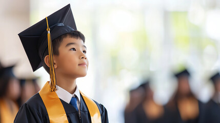 Close Up of Young Asian Boy Graduating, Wearing Graduation Cap and Gown - Blurred Students in Background Photo