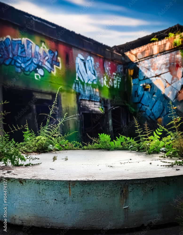 Sticker Concrete surface with overgrown plants and graffiti wall in the background