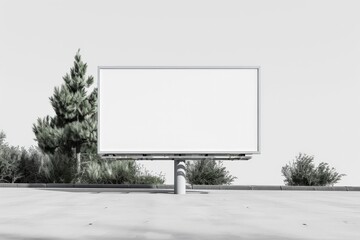 Fototapeta premium This blank billboard with a simple frame is positioned in an outdoor environment, surrounded by natural elements like trees and bushes, perfect for advertising purposes.