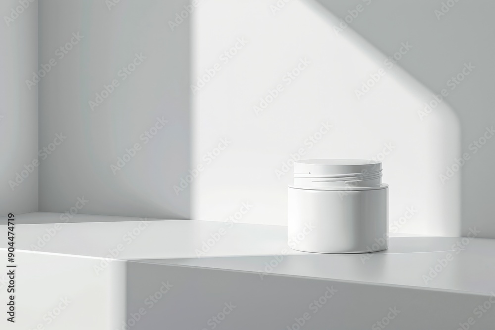 Aufkleber a tall, cylindrical white container showcased on a sharp-edged platform, bathed in bright, natural l