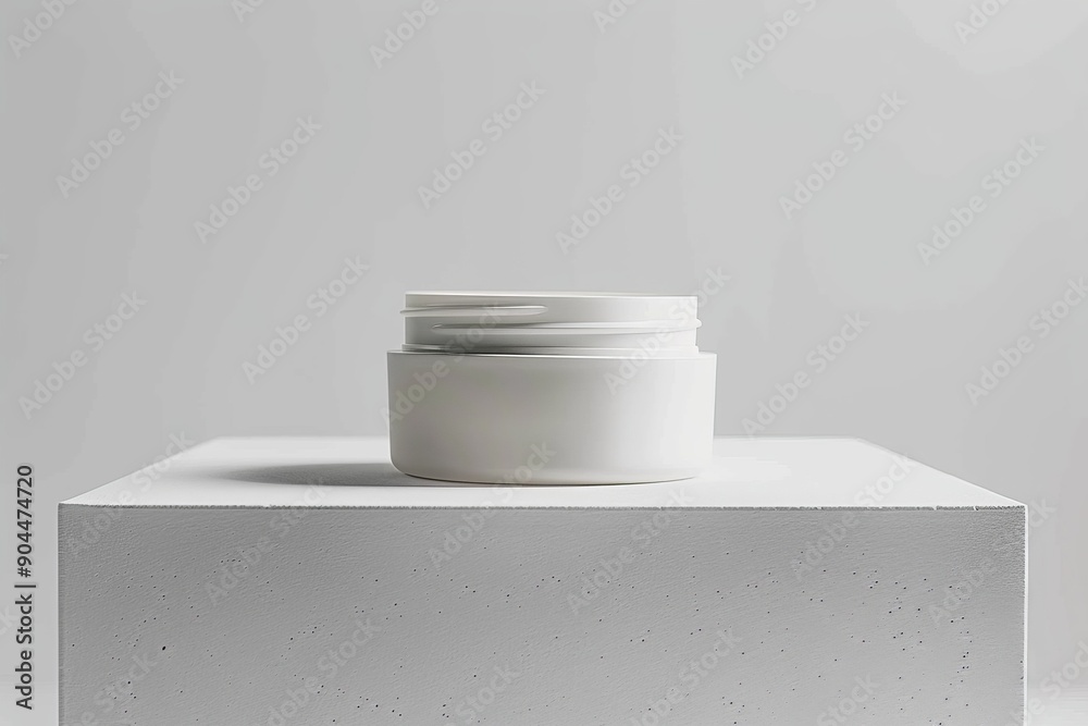 Aufkleber A pristine white container set on a textured, elevated block, under soft lighting conditions, projecting a calm and minimal aesthetic with a hint of sophistication.