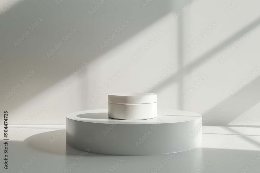 Aufkleber A minimalist white container centered on a circular display pedestal, bathed in diffused natural light, creating a calm and balanced composition with shadows and highlights.