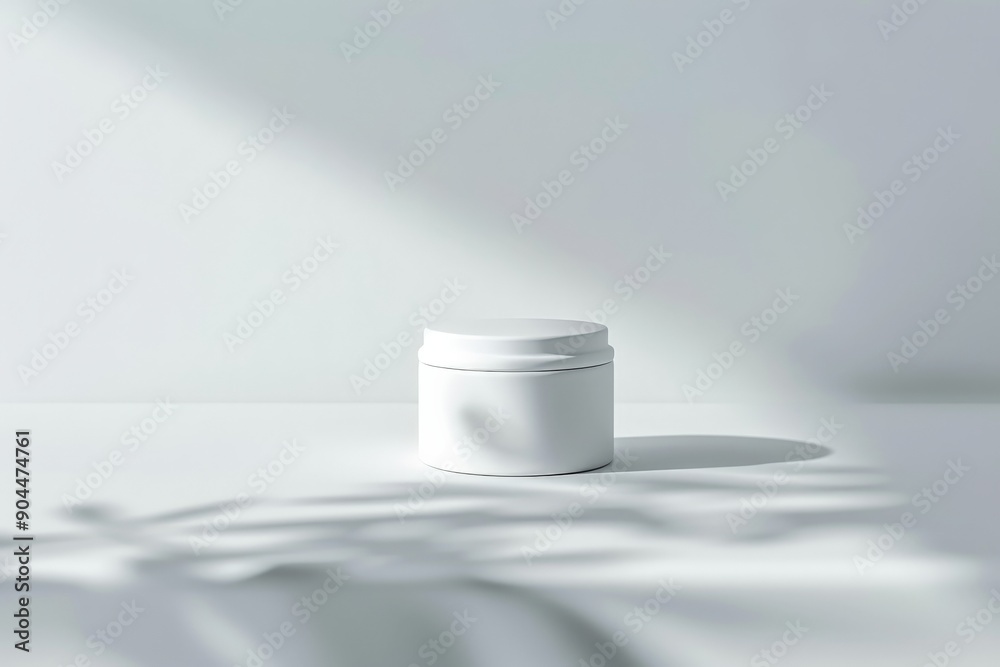 Fototapete a simple white container sits undisturbed on a flat white surface, casting a gentle shadow, illumina