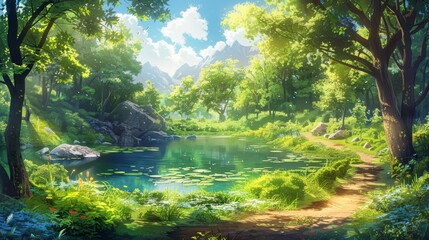 A Tranquil Forest Path Leading to a Serene Pond, Digital Art, Lush Greenery, Peaceful Landscape, Sunlit Forest, Water Reflection, Forest Path