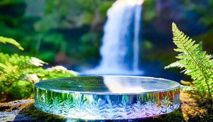 Crystal Podium with Waterfall Background