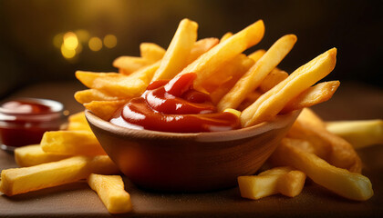 Delicious French fries with ketchup that make you hungry.