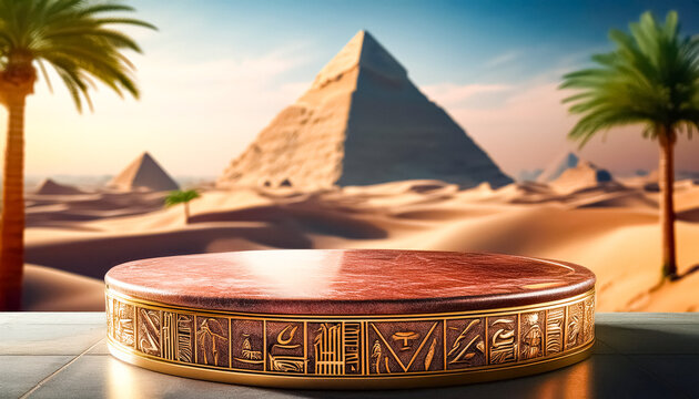 Ancient Egyptian Pedestal With Golden Hieroglyphs In Desert Landscape