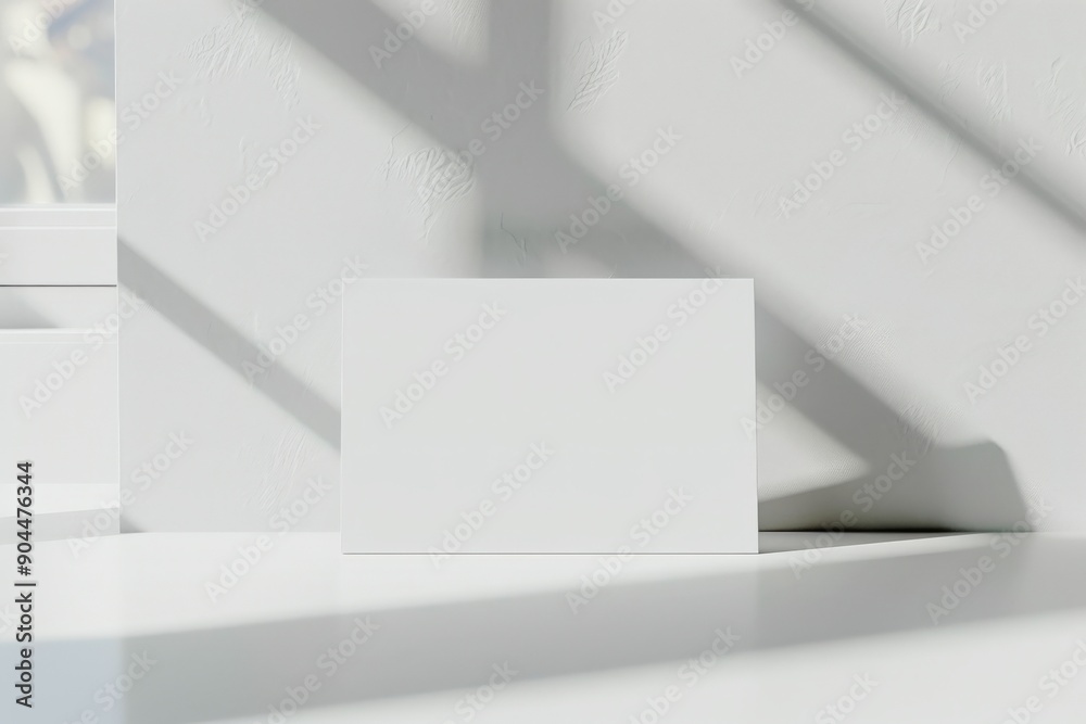 Poster A white rectangular canvas is placed against a sunlit neutral background, casting elegant shadows that enhance the minimalist and modern style of this artistic setup.
