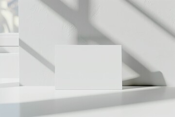 A white rectangular canvas is placed against a sunlit neutral background, casting elegant shadows that enhance the minimalist and modern style of this artistic setup.