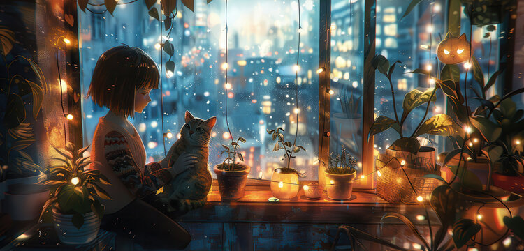 Lofi anime girl sitting on a windowsill petting a cat with city lights.