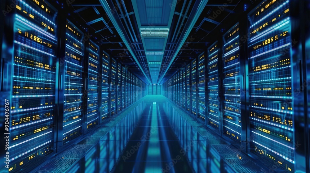 Aufkleber Row of servers in a data center facility, with multiple rows and racks of equipment