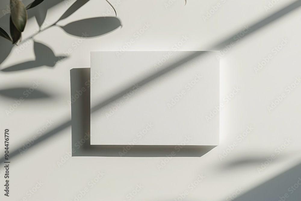 Aufkleber A white rectangular object casting a shadow on a white surface, accompanied by shadows of leaves. The image is minimalist and highlights simplicity and elegance.