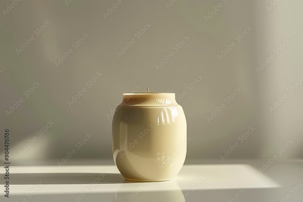 Poster a smooth beige candle jar with a glossy finish placed on a white surface. the image showcases elegan