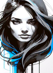 Beautiful girl with long black hair. Hand drawn illustration