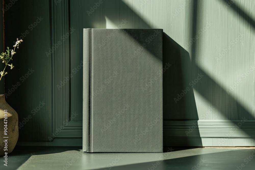 Poster A gray hardcover book standing upright in partial sunlight, with sharp, defined shadows creating a visually striking and modern image that balances light and dark.
