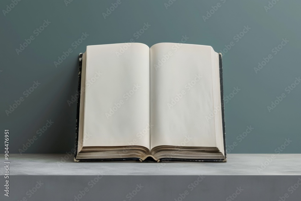 Fototapete an open book with blank pages rests on a grey table against a muted green background, captured from 