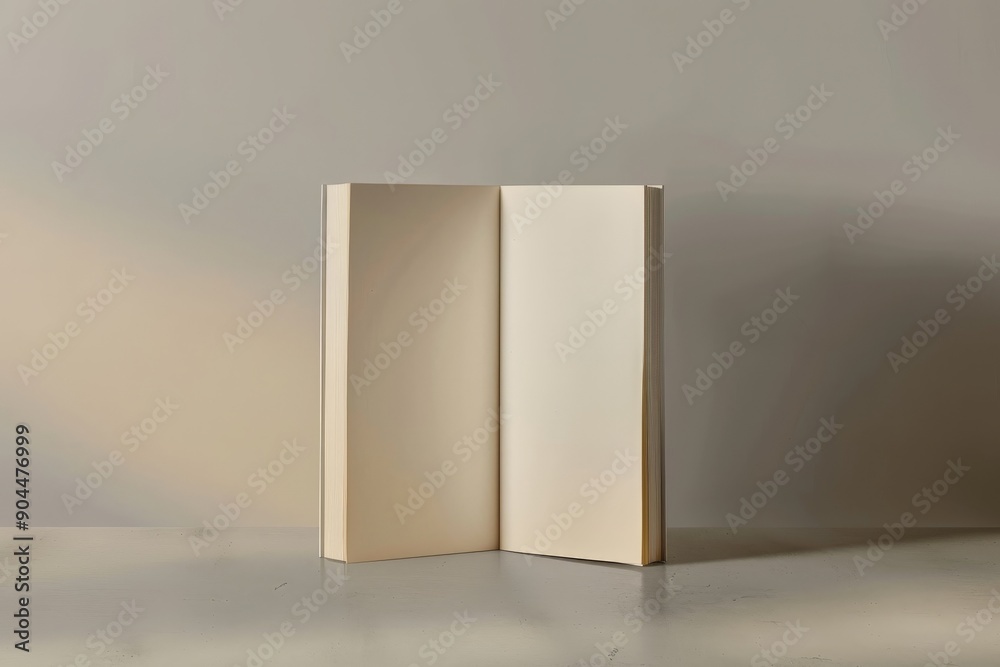 Poster a book opened to blank pages stands on a smooth surface, artistically presented in soft light tones,