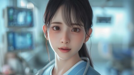Close-up portrait of a lofi anime girl doctor wearing a white coat, set in a bright, modern medical office.