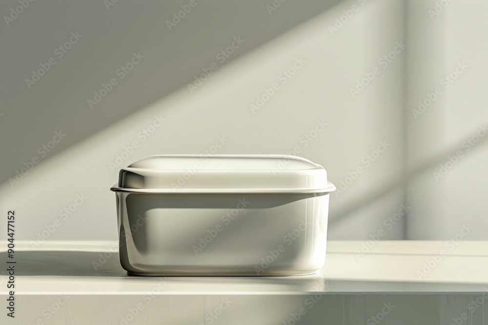 Leinwandbilder an elegant white metallic container with a glossy finish, resting on a flat surface and illuminated 