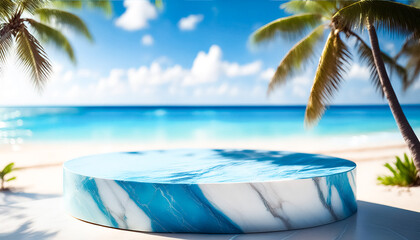 Fototapeta premium Blue Marble Podium on Beach with Palm Trees