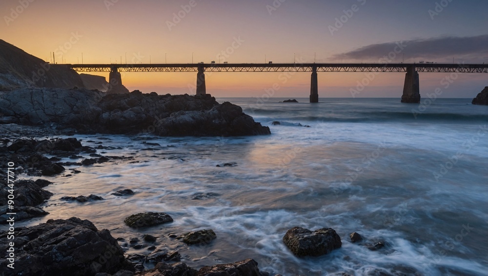 Poster dawn over the sea with rocks and a bridge spanning the water