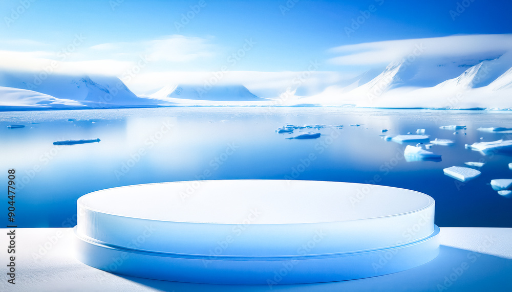 Poster Iceberg-Shaped Podium with Snowy Mountains and Blue Water Background