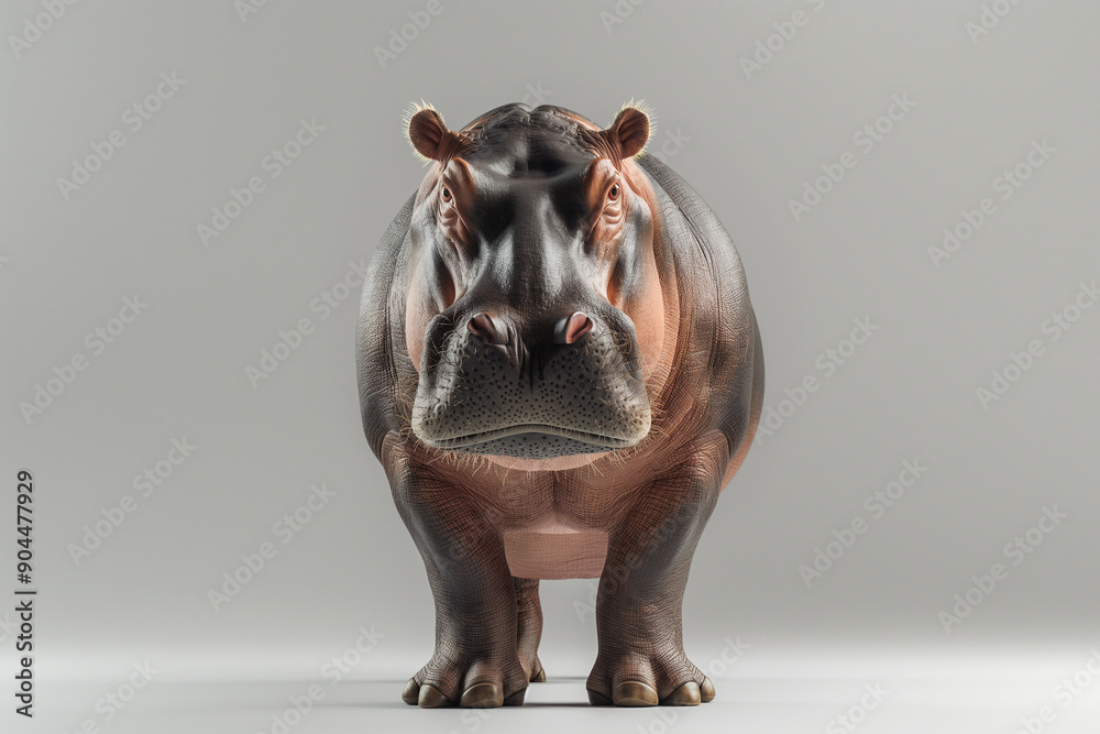 Wall mural Full shot of hippopotamus looking at the camera on a gray studio background front view