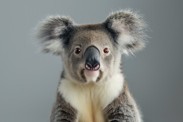 Fototapeta premium Medium shot portrait of adorable fluffy koala bear on grey studio background