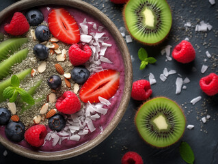 Bowl of porridge with fresh berries, kiwi and almonds on a dark background