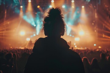 Festival Lights. Silhouettes of Concert Crowd in Front of Bright Stage Lights at Music Festival