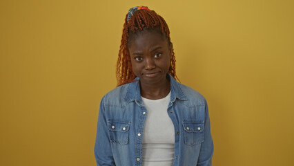 A young african american woman with a skeptical expression standing against a yellow background