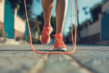 Young woman is working out outdoors, jumping rope on a sunny summer day