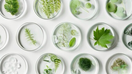 The elements of nature in this petri dish, from the delicate green leaves to the fractal patterns of algae, blend harmoniously on the clear white surface.