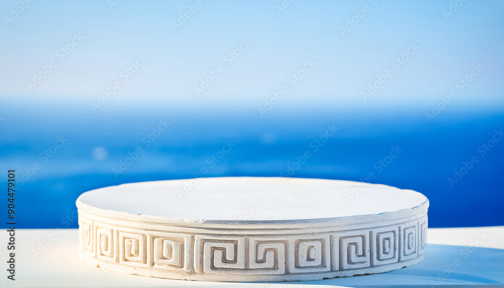 Sticker White Pedestal with Greek Pattern Against a Blue Sky and Sea Background