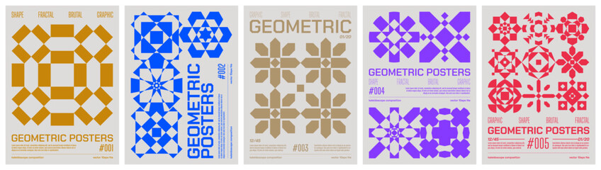 Geometric art colorful trendy poster, abstract kaleidoscope composition graphic in Y2K aesthetics, vector simple shapes rave print artwork modernism and minimalistic brutal style A4 format